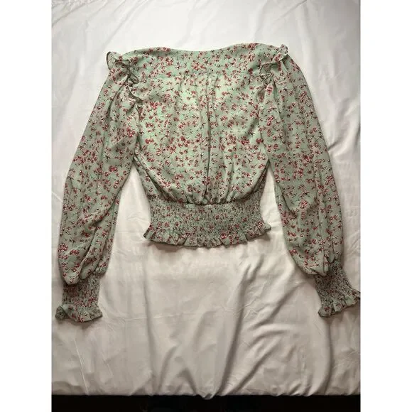 Y2K Sans Souci Floral Sheer Ruffle V-Neckline Blouse Grannycore Preppy Spring - Picture 5 of 6